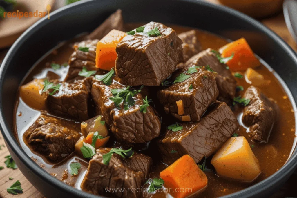 A Bowl Of Hearty Beef Stew With Tender Beef Chunks, Carrots, Potatoes, And Fresh Parsley Garnish, Served On A Rustic Wooden Table. (2)