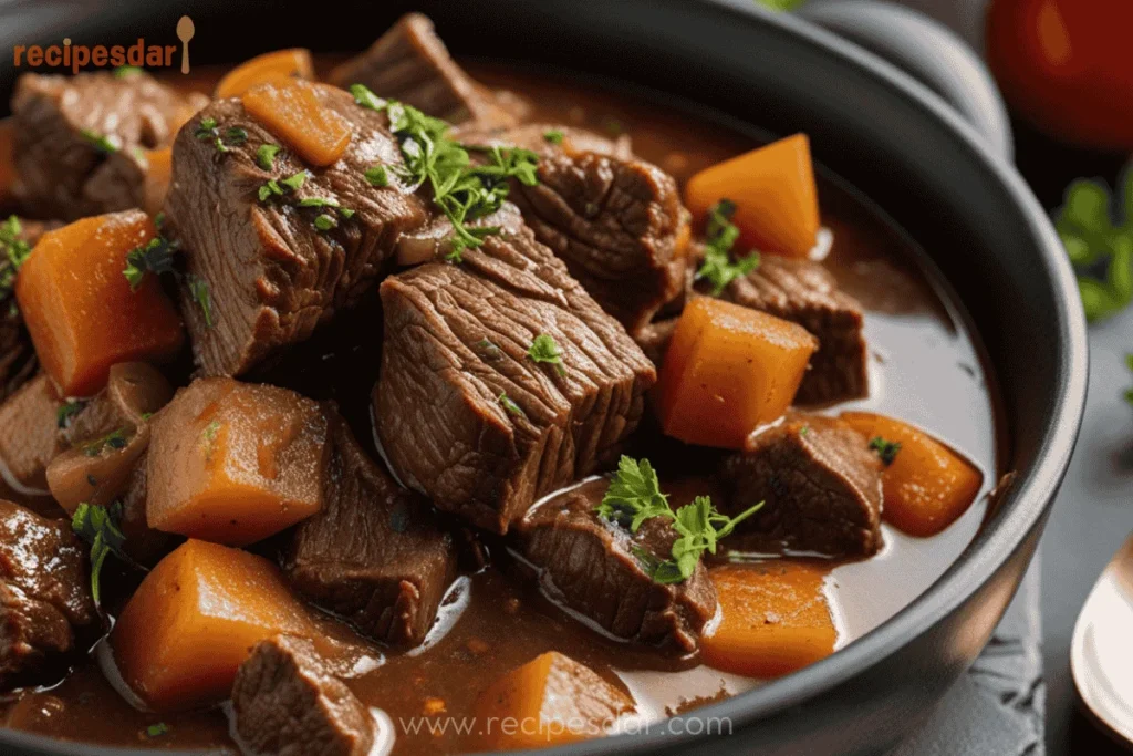 A Bowl Of Hearty Beef Stew With Tender Beef Chunks, Carrots, Potatoes, And Fresh Parsley Garnish, Served On A Rustic Wooden Table. (3)