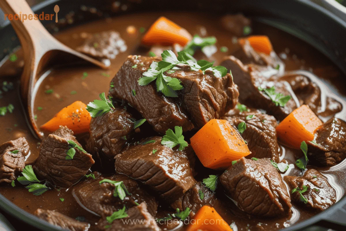 A Bowl Of Hearty Beef Stew With Tender Beef Chunks, Carrots, Potatoes, And Fresh Parsley Garnish, Served On A Rustic Wooden Table.