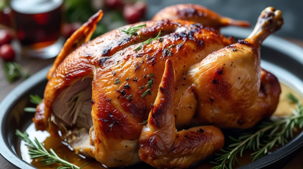 A Golden, Crispy Roast Chicken Garnished With Fresh Rosemary And Lemon Wedges, Served On A Wooden Platter.