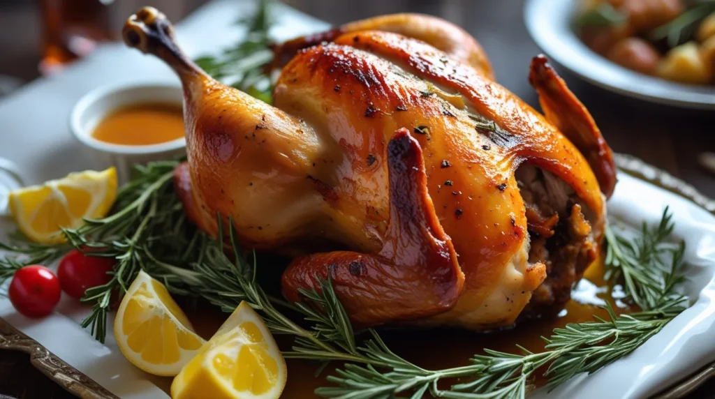 A Golden, Crispy Roast Chicken Garnished With Fresh Rosemary And Lemon Wedges, Served On A Wooden Platter. 