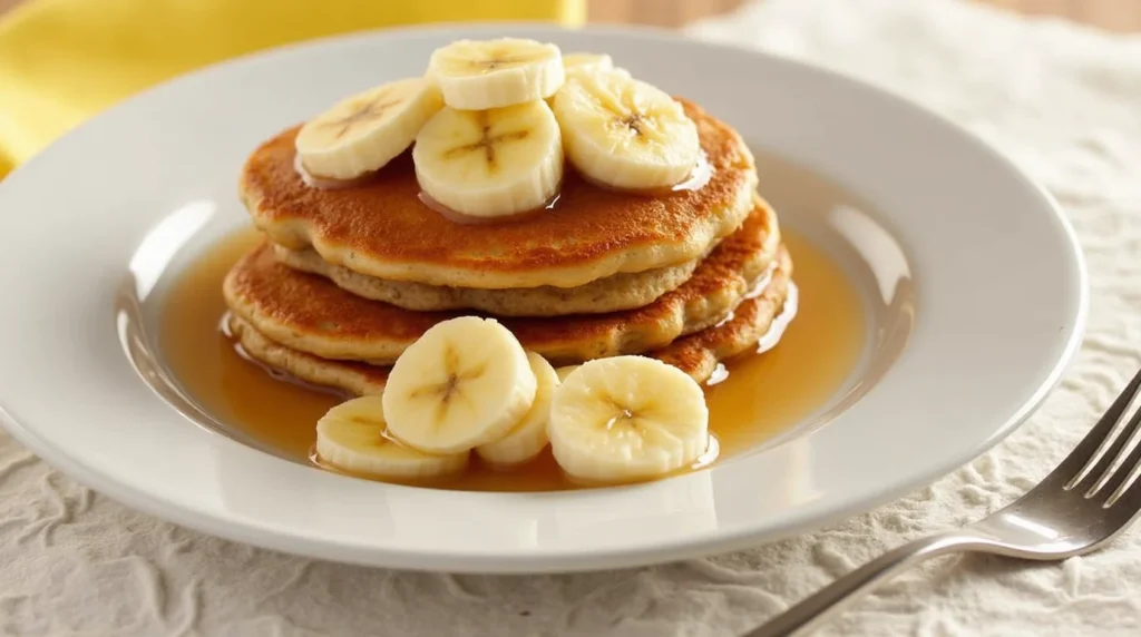 A Stack Of Golden Banana Pancakes Topped With Fresh Bananas, Maple Syrup, And A Sprinkle Of Powdered Sugar. (2)