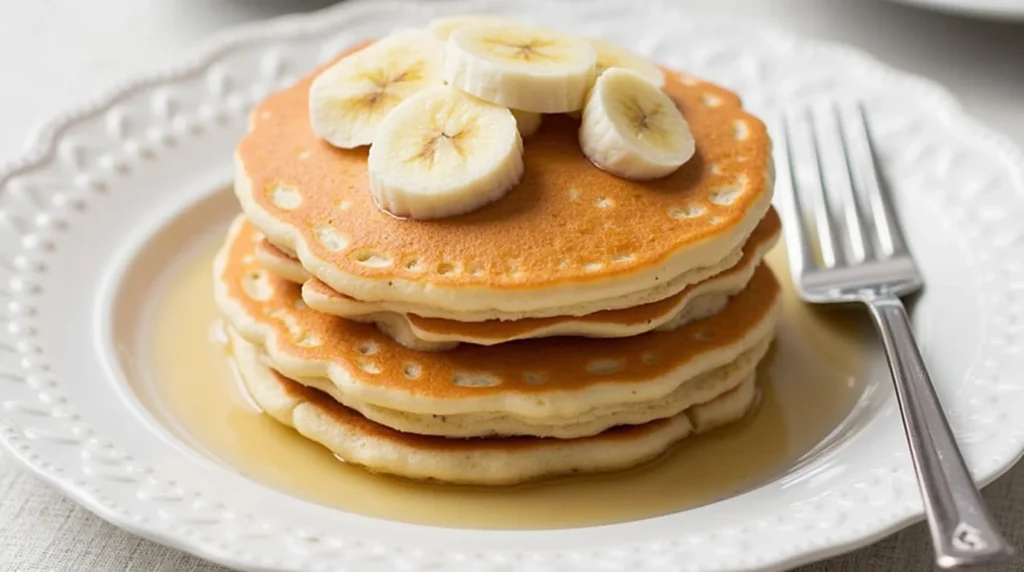 A Stack Of Golden Banana Pancakes Topped With Fresh Bananas, Maple Syrup, And A Sprinkle Of Powdered Sugar. (3)