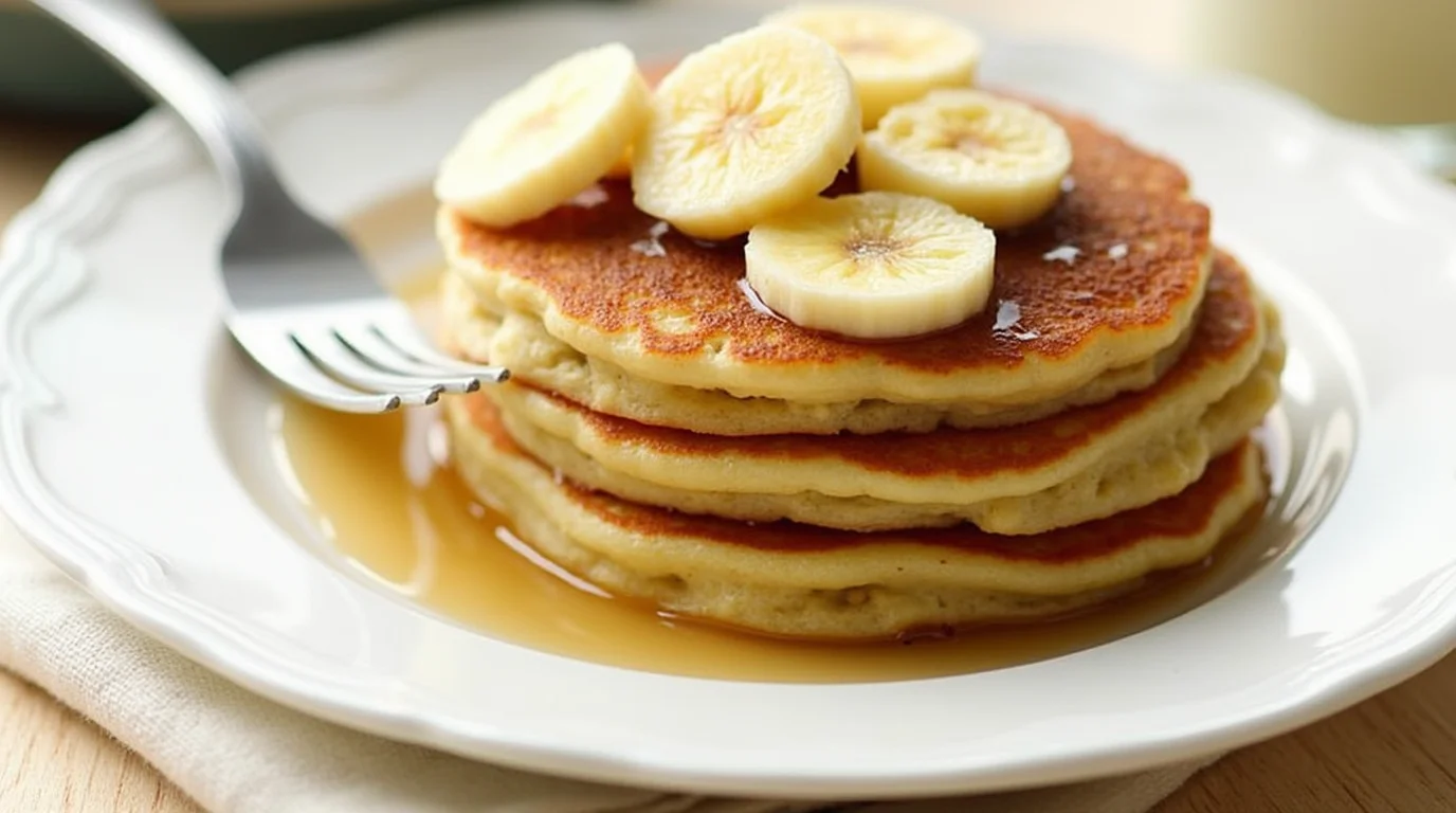 A Stack Of Golden Banana Pancakes Topped With Fresh Bananas, Maple Syrup, And A Sprinkle Of Powdered Sugar.