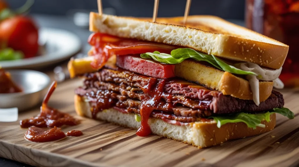 A freshly made BLT sandwich with crispy bacon, fresh lettuce, juicy tomato slices, and mayonnaise on toasted sourdough bread, served on a wooden plate.