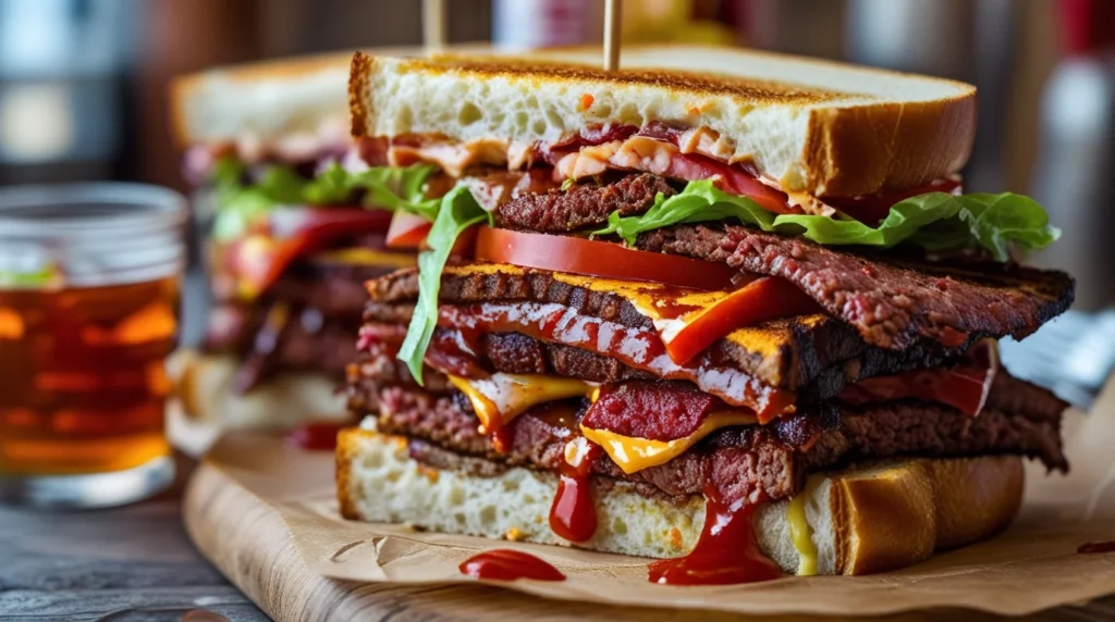 A freshly made BLT sandwich with crispy bacon, fresh lettuce, juicy tomato slices, and mayonnaise on toasted sourdough bread, served on a wooden plate.