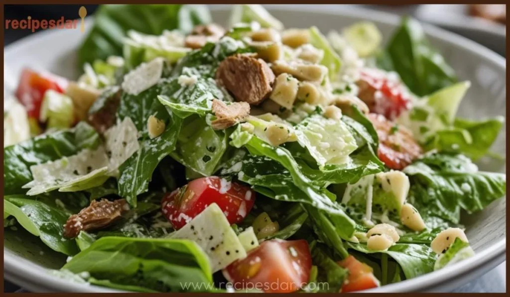 A beautifully plated Caesar salad with crisp romaine lettuce, golden croutons, grated Parmesan cheese, and creamy dressing.