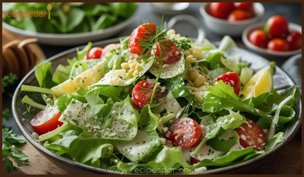 A beautifully plated Caesar salad with crisp romaine lettuce, golden croutons, grated Parmesan cheese, and creamy dressing.