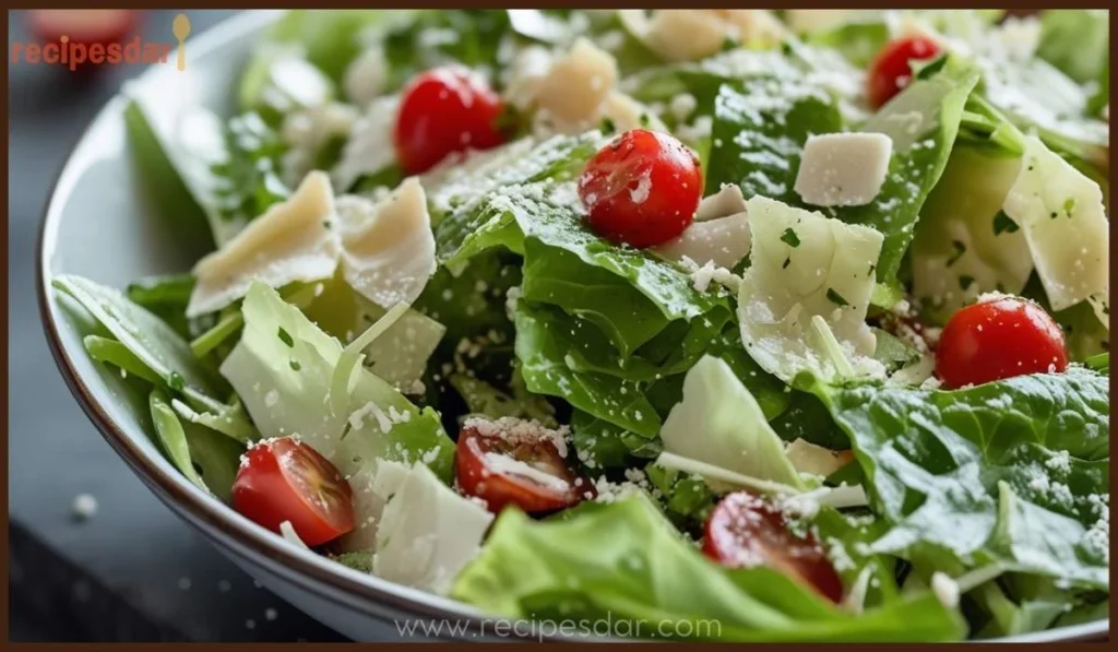 A beautifully plated Caesar salad with crisp romaine lettuce, golden croutons, grated Parmesan cheese, and creamy dressing.