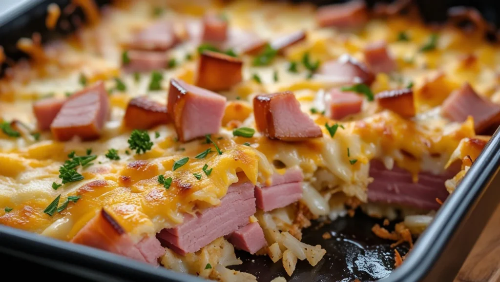 Cheesy Ham And Hash Brown Casserole Served In A Baking Dish