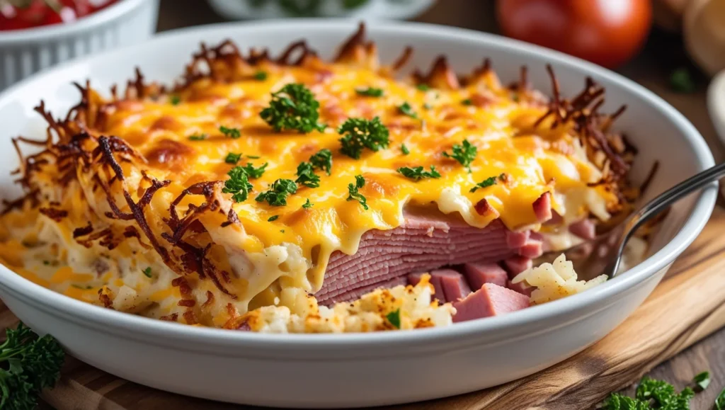 Cheesy Ham And Hash Brown Casserole Served In A Baking Dish 