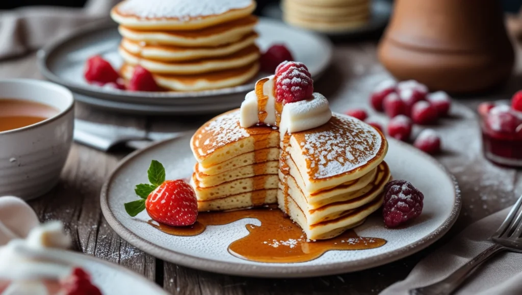 A stack of classic fluffy pancakes topped with butter and drizzled with maple syrup, served on a white plate with fresh berries on the side.