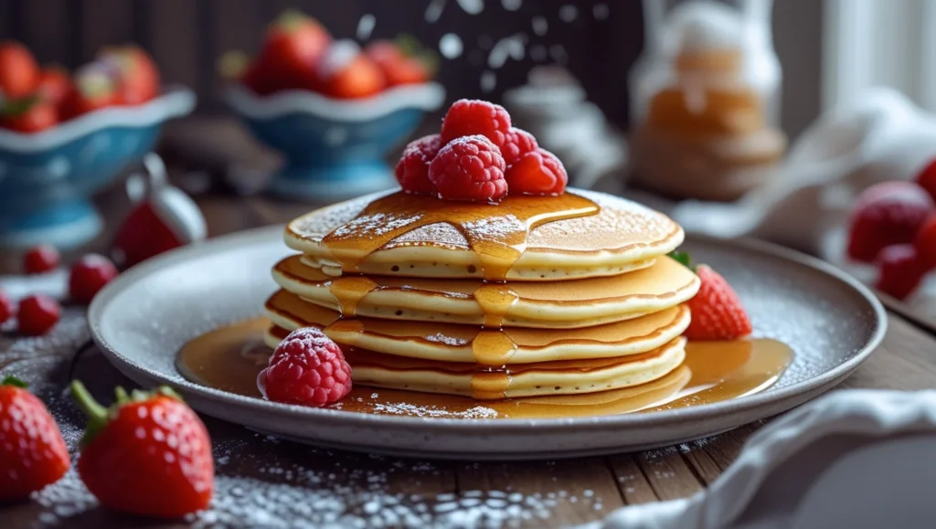 A stack of classic fluffy pancakes topped with butter and drizzled with maple syrup, served on a white plate with fresh berries on the side.