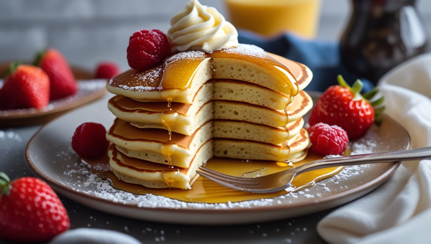 A stack of classic fluffy pancakes topped with butter and drizzled with maple syrup, served on a white plate with fresh berries on the side.