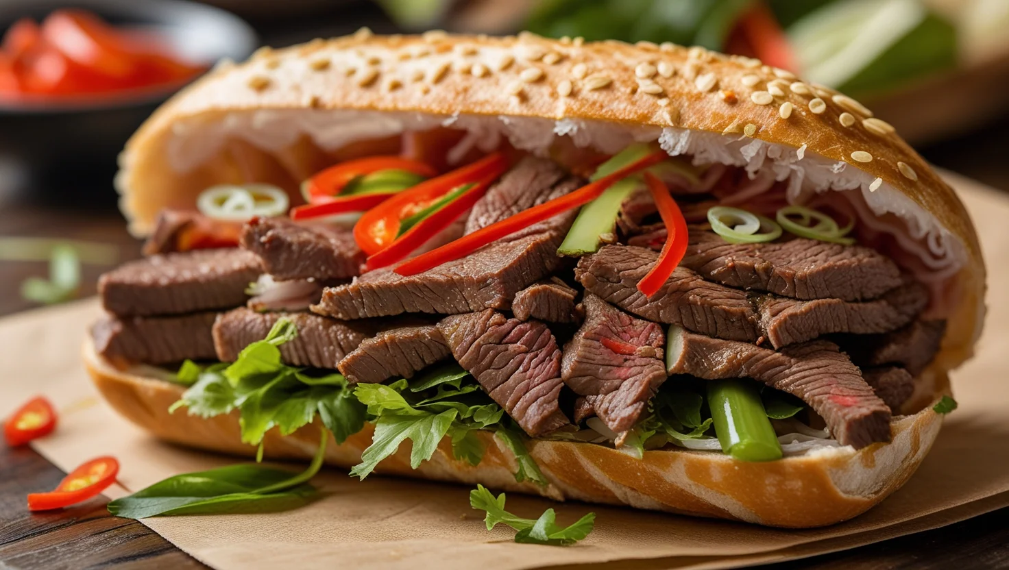 Close Up Of Shaking Beef Banh Mi Sandwich With Crusty Baguette, Juicy Beef, And Vibrant Pickled Carrots And Daikon.