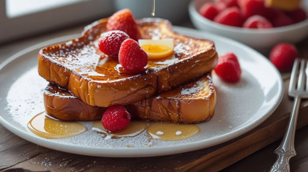 Golden brown French Toast slices topped with fresh strawberries, blueberries, and a drizzle of maple syrup, served on a white plate.