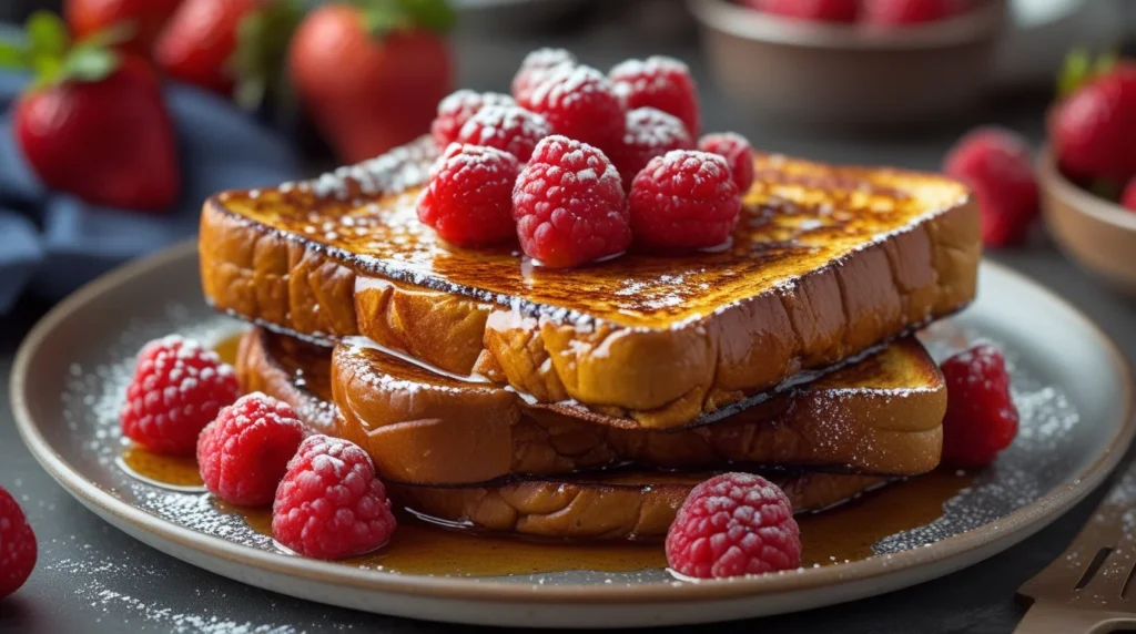 Golden brown French Toast slices topped with fresh strawberries, blueberries, and a drizzle of maple syrup, served on a white plate.