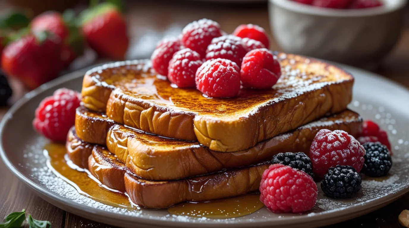 Golden brown French Toast slices topped with fresh strawberries, blueberries, and a drizzle of maple syrup, served on a white plate.