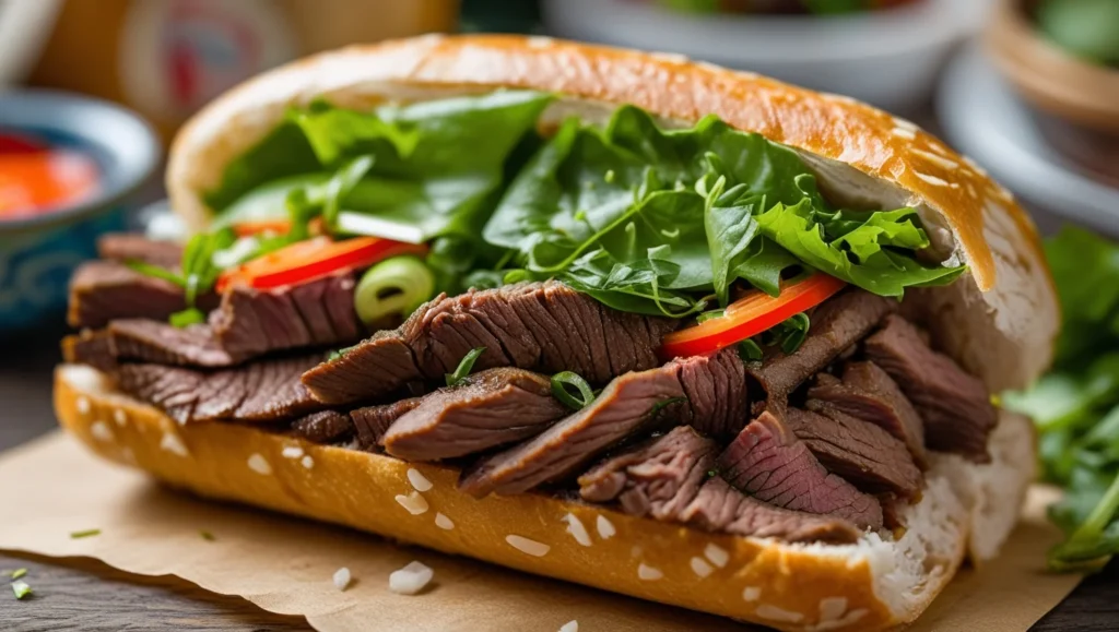 Freshly Prepared Vietnamese Shaking Beef Banh Mi Displayed On A Wooden Board With A Side Of Chili Sauce.