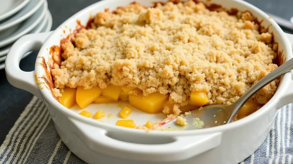 Golden Peach Crumble With A Crunchy Oat Topping Served In A White Baking Dish