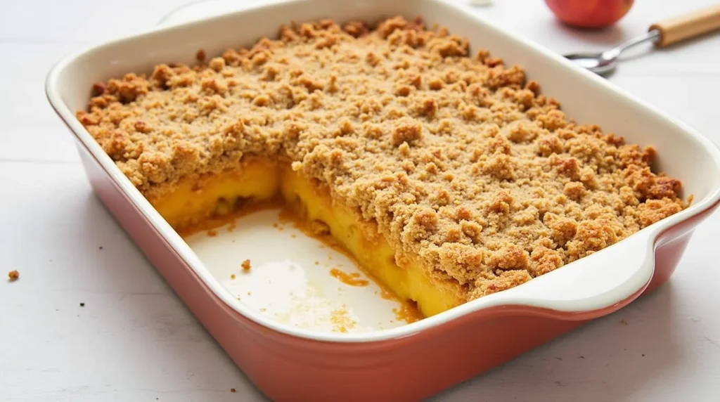 Golden Peach Crumble With A Crunchy Oat Topping Served In A White Baking Dish