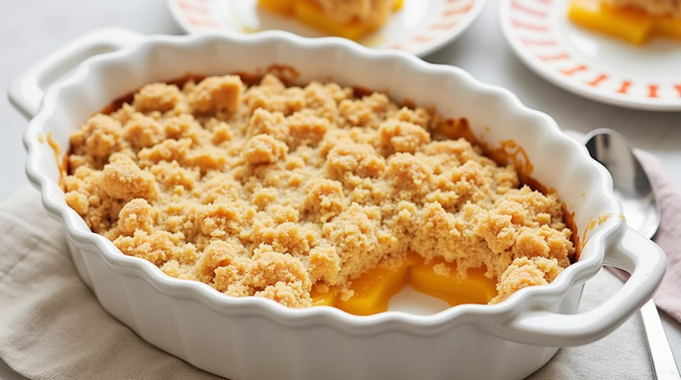 Golden Peach Crumble With A Crunchy Oat Topping Served In A White Baking Dish