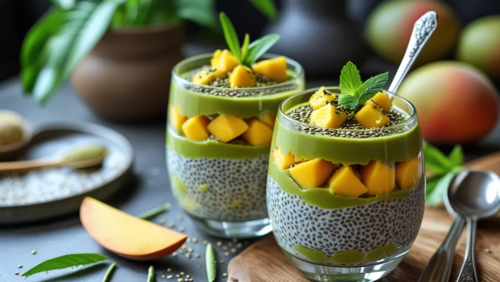 Layered Matcha Mango Chia Pudding In A Glass Jar Topped With Fresh Fruit And Mint Leaves.