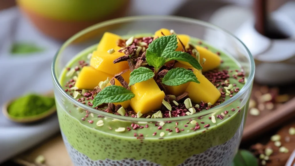 Layered Matcha Mango Chia Pudding In A Glass Jar Topped With Fresh Fruit And Mint Leaves. 