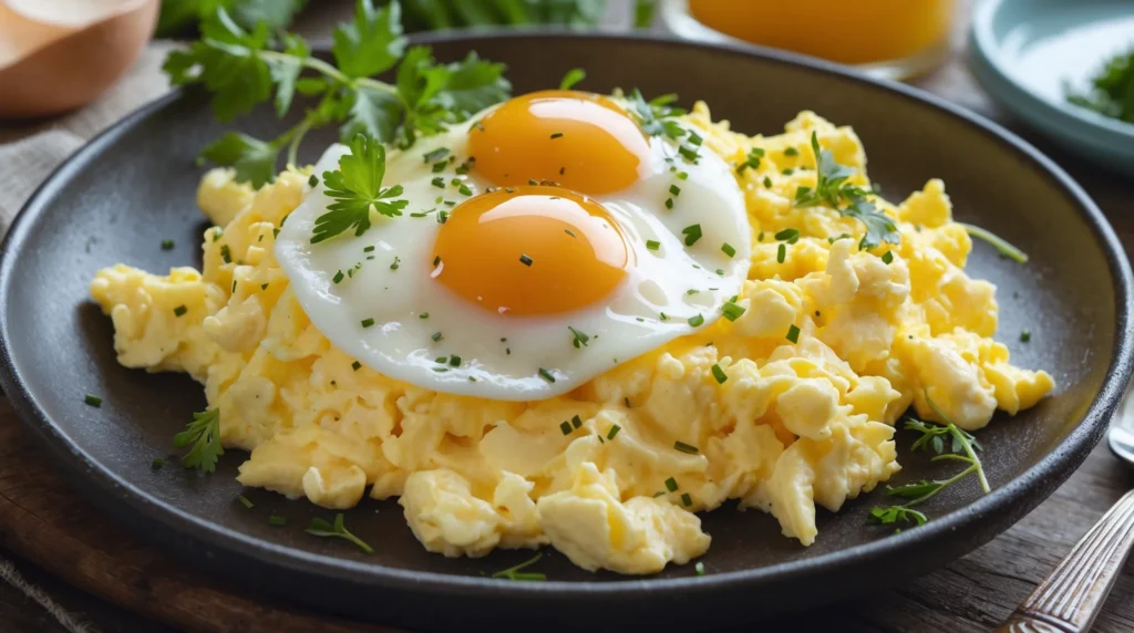 Perfectly cooked scrambled eggs with a soft, creamy texture served on a white plate with fresh herbs.