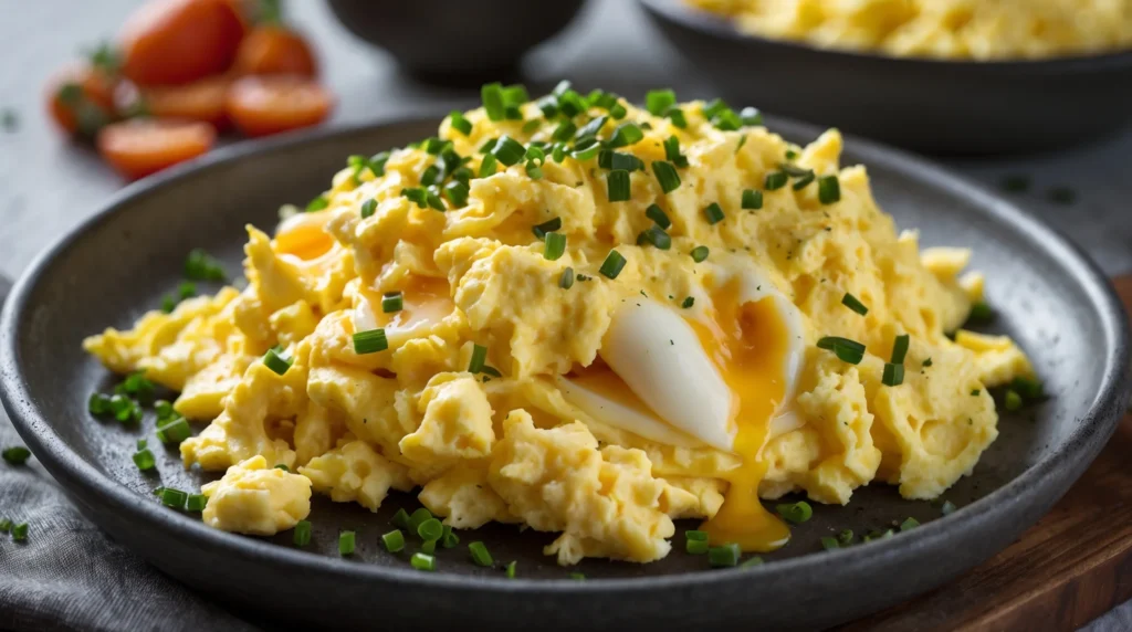 Perfectly cooked scrambled eggs with a soft, creamy texture served on a white plate with fresh herbs.