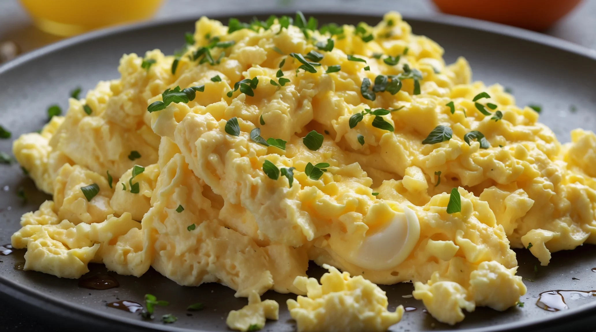 Perfectly cooked scrambled eggs with a soft, creamy texture served on a white plate with fresh herbs.