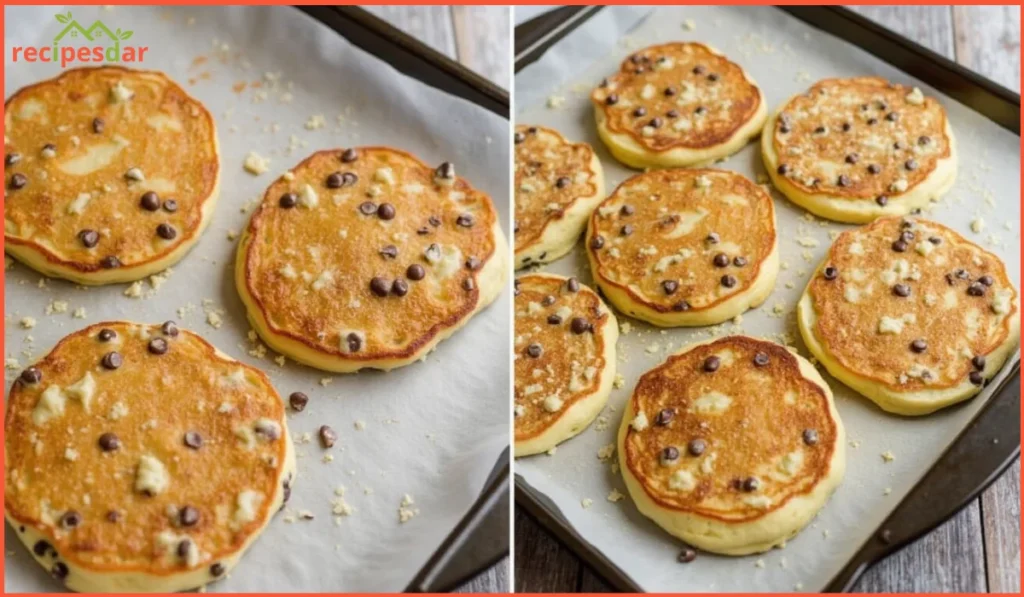 Golden sheet-pan chocolate chip pancakes sliced into squares, topped with fresh berries and a drizzle of maple syrup