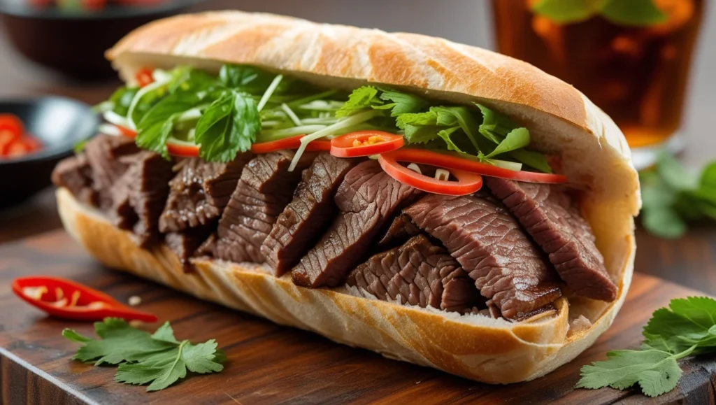 Tender Shaking Beef Cubes Caramelized To Perfection Served In A Fresh Banh Mi Baguette With Pickled Vegetables And Herbs.