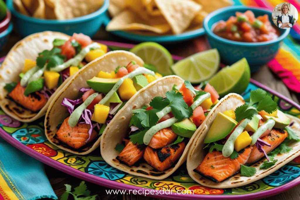 A plate of Air-Fryer Chipotle Salmon Tacos topped with shredded cabbage, avocado, cilantro, and chipotle sauce, served with lime wedges.