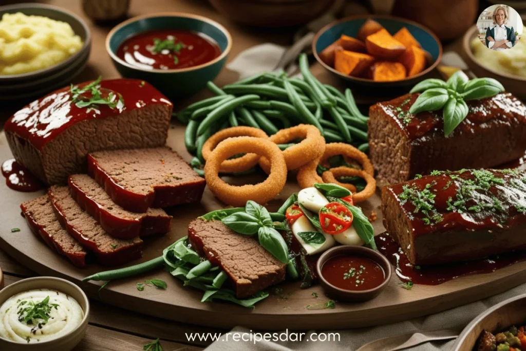 Delicious beef loaf recipes featuring a tender loaf topped with a rich glaze, served with fresh vegetables and mashed potatoes.