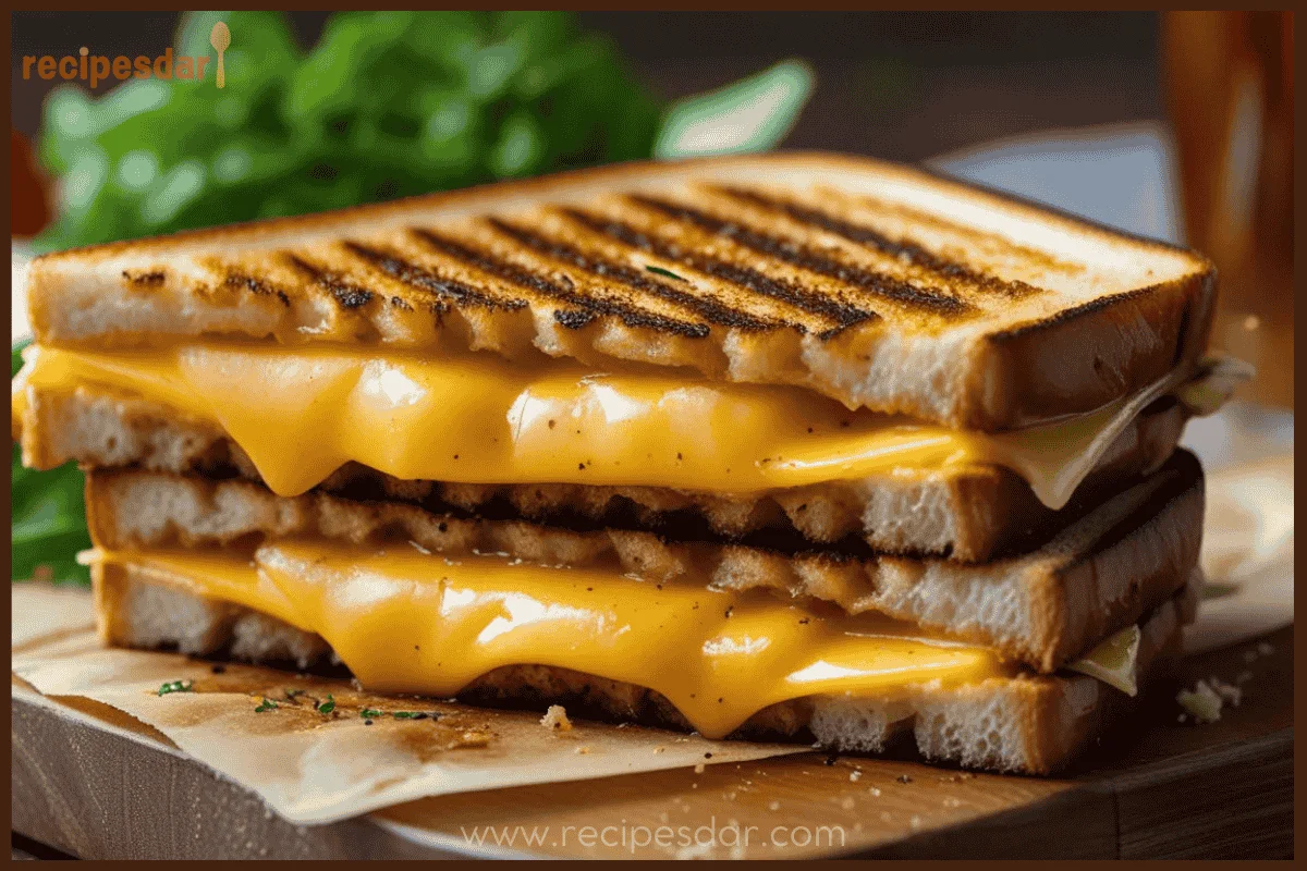 A golden, crispy grilled cheese sandwich with gooey melted cheddar cheese, served on a wooden plate with a side of tomato soup.