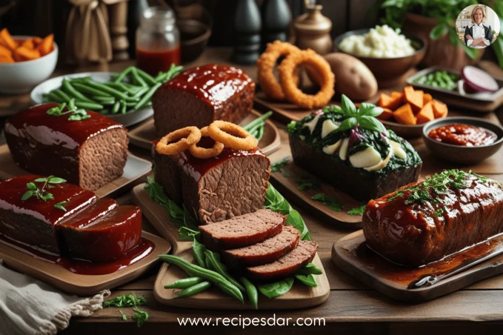 Delicious beef loaf recipes featuring a tender loaf topped with a rich glaze, served with fresh vegetables and mashed potatoes.