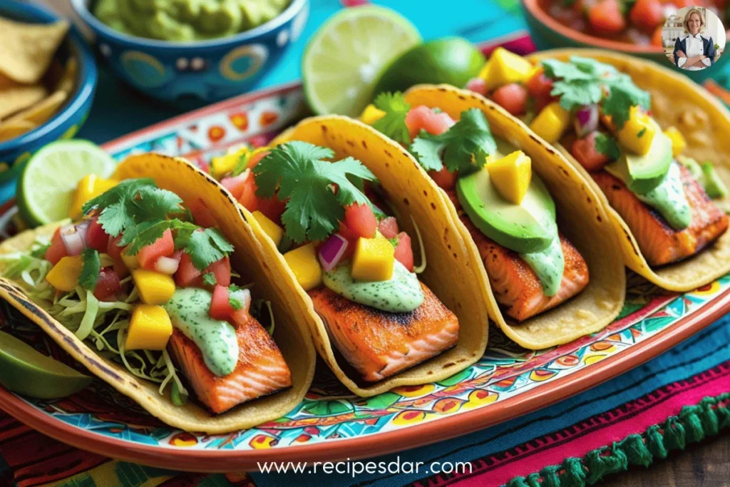 A plate of Air-Fryer Chipotle Salmon Tacos topped with shredded cabbage, avocado, cilantro, and chipotle sauce, served with lime wedges.