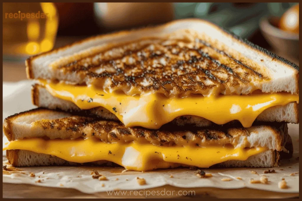 A golden, crispy grilled cheese sandwich with gooey melted cheddar cheese, served on a wooden plate with a side of tomato soup.