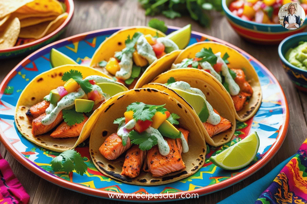 A plate of Air-Fryer Chipotle Salmon Tacos topped with shredded cabbage, avocado, cilantro, and chipotle sauce, served with lime wedges.