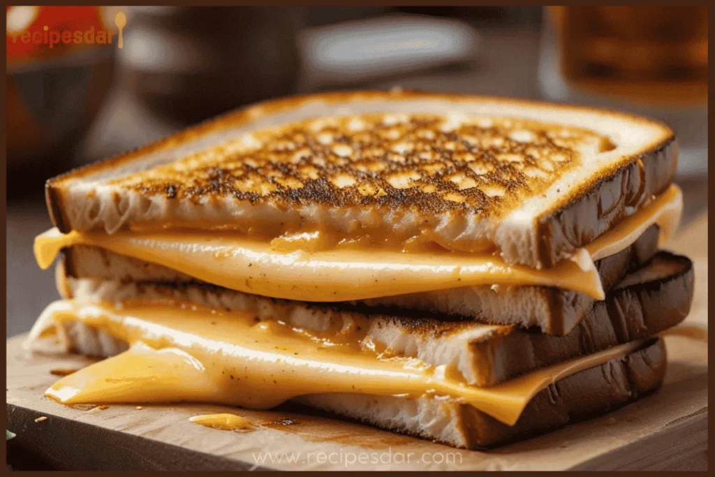 A golden, crispy grilled cheese sandwich with gooey melted cheddar cheese, served on a wooden plate with a side of tomato soup.