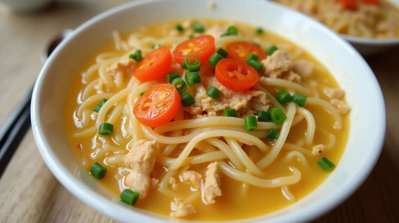 A steaming bowl of chicken noodle soup with tender chicken, fresh vegetables, and noodles, served in a cozy dining setting