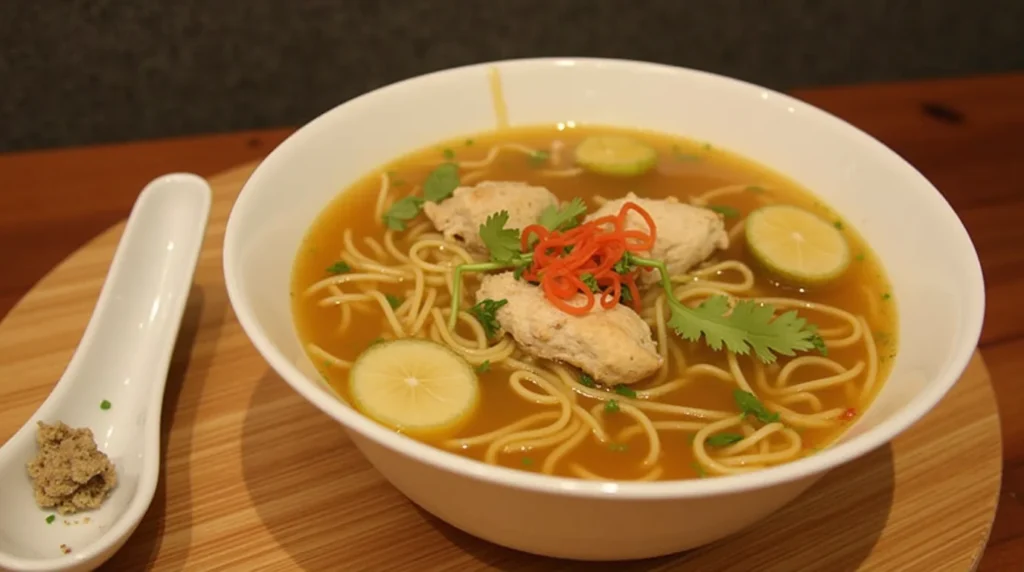 A steaming bowl of chicken noodle soup with tender chicken, fresh vegetables, and noodles, served in a cozy dining setting