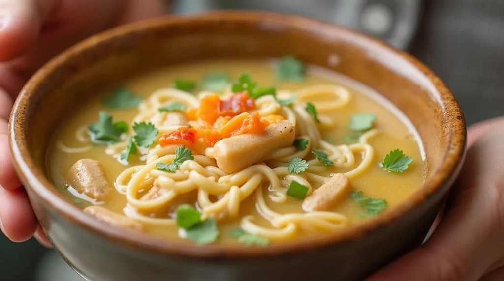 A steaming bowl of chicken noodle soup with tender chicken, fresh vegetables, and noodles, served in a cozy dining setting