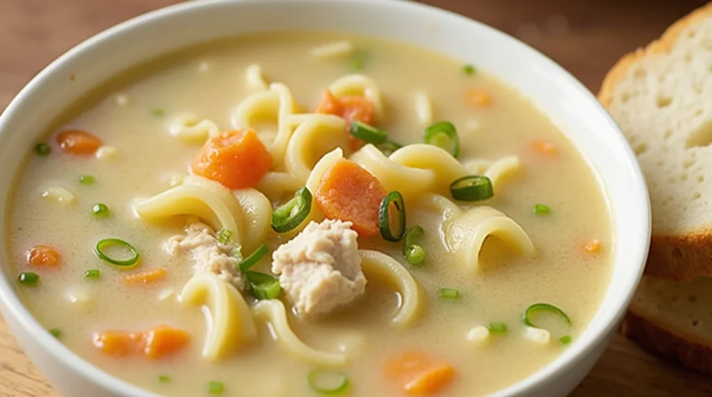 A steaming bowl of chicken noodle soup with fresh herbs, vegetables, and noodles, served in a white bowl on a wooden table.