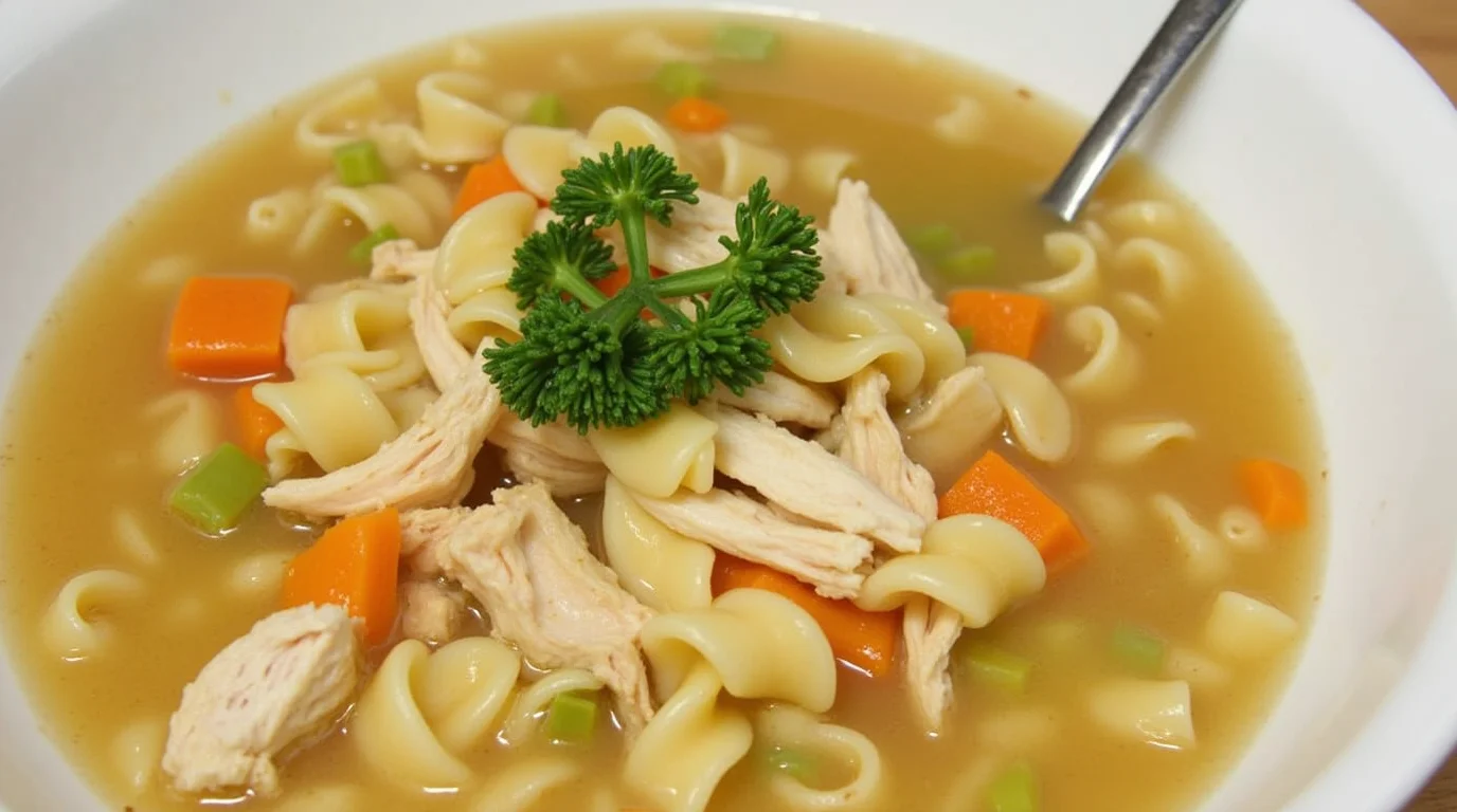 A steaming bowl of chicken noodle soup with fresh herbs, vegetables, and noodles, served in a white bowl on a wooden table.