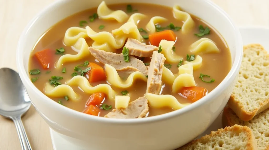 A steaming bowl of chicken noodle soup with fresh herbs, vegetables, and noodles, served in a white bowl on a wooden table.