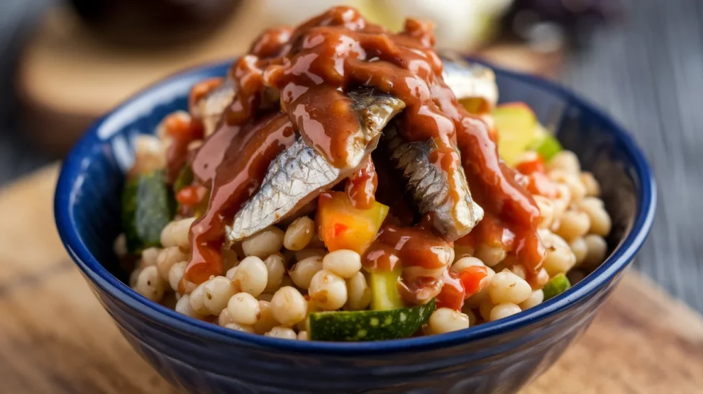 A vibrant grain bowl with quinoa, sardines, and Sauce Moyo, topped with fresh avocado and lime slices