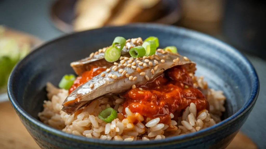 A vibrant grain bowl with quinoa, sardines, and Sauce Moyo, topped with fresh avocado and lime slices