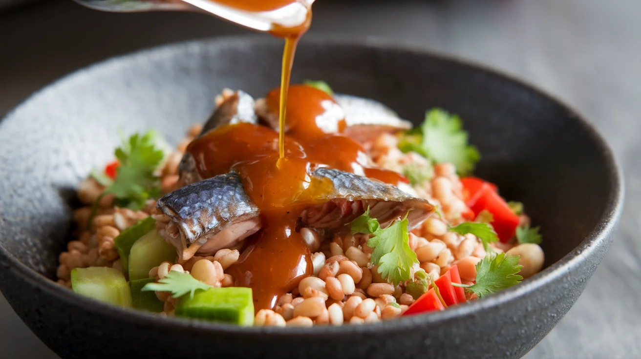 A vibrant grain bowl with quinoa, sardines, and Sauce Moyo, topped with fresh avocado and lime slices